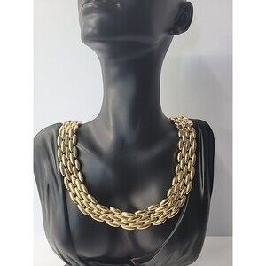 Vintage Gold Tone Triple Marquise Link Chain Necklace Statement Collar Bold